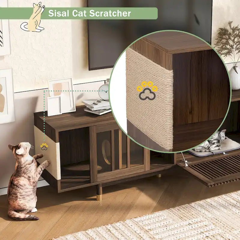 Mueble para TV con armario cerrado para el arenero del gato y puerta corredera