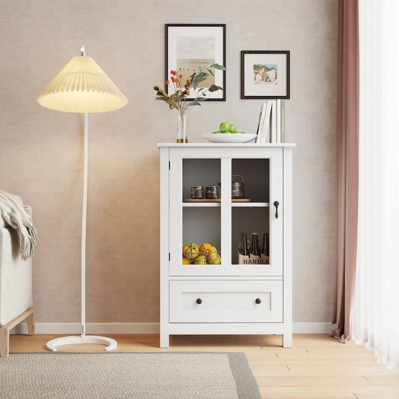 Buffet storage cabinet with glass doors and unique bell handle
