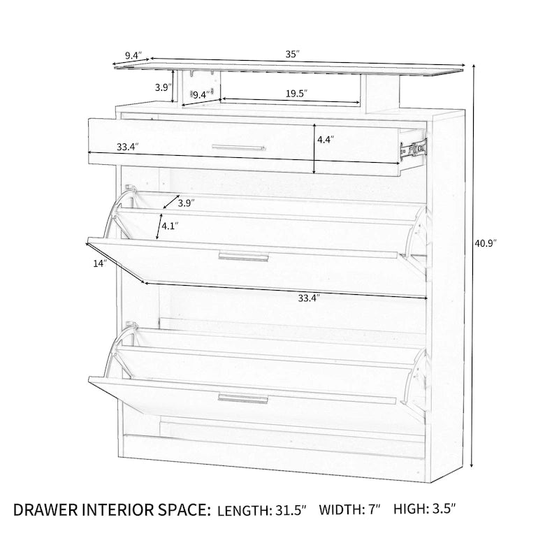Gabinete para guardar zapatos con cubierta de vidrio templado y cajones abatibles