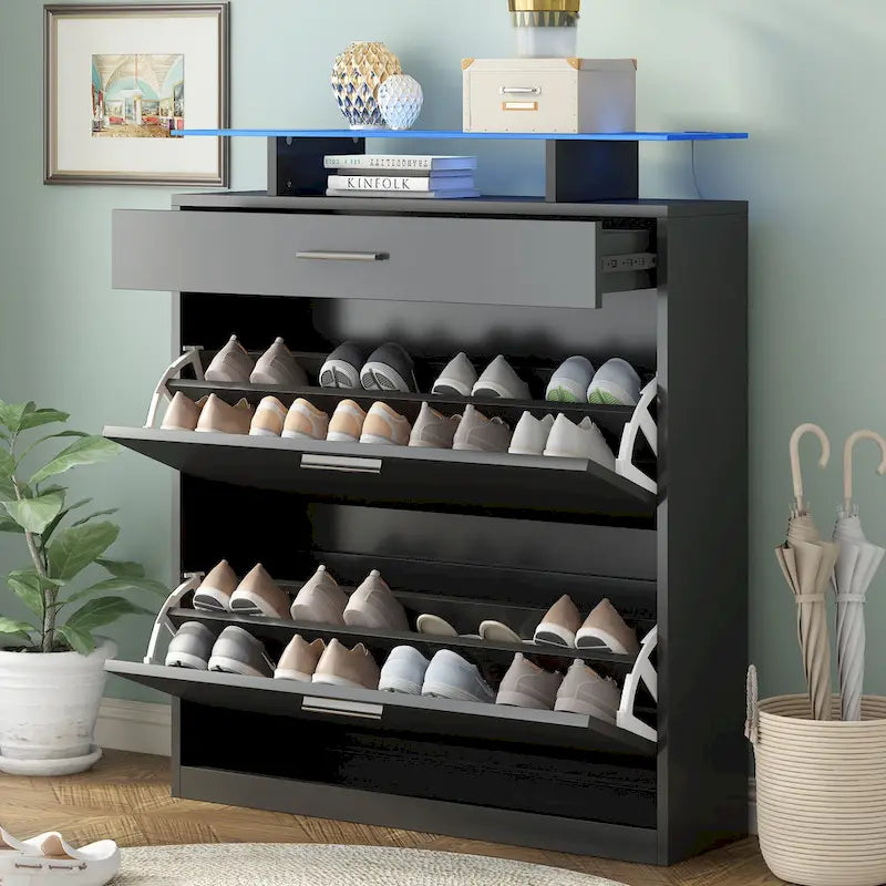 Tempered Glass Top Shoe Storage Cabinet with Drawer