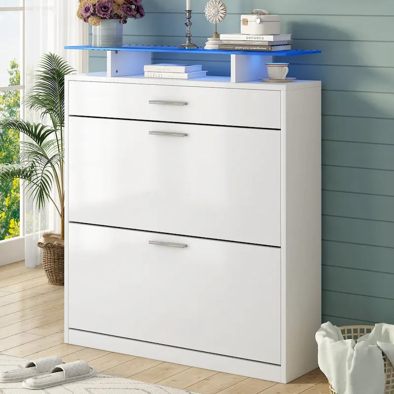 Gabinete para guardar zapatos con cubierta de vidrio templado y cajones abatibles
