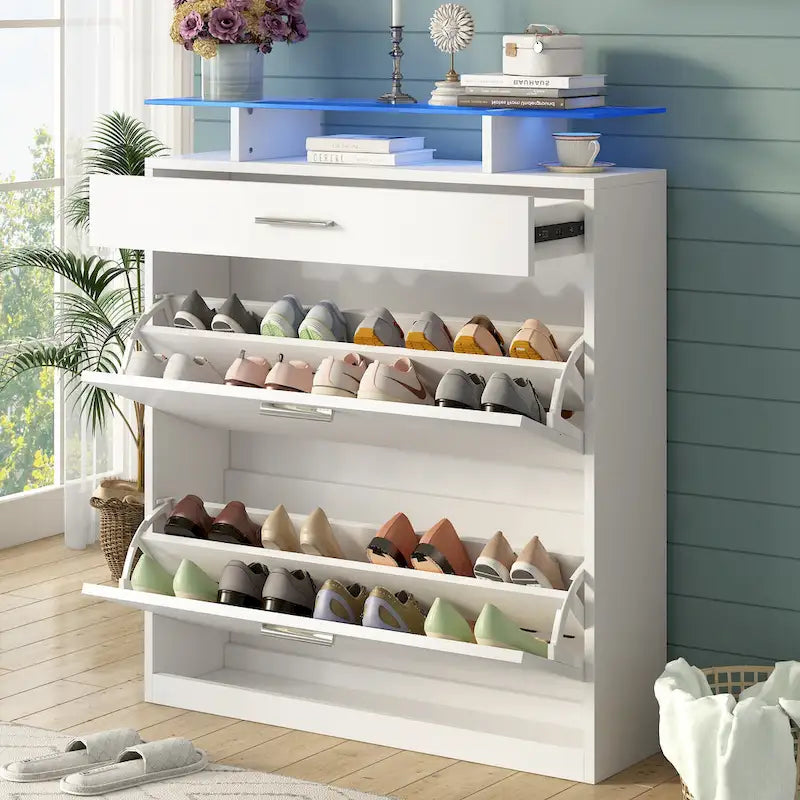 Gabinete para guardar zapatos con cubierta de vidrio templado y cajones abatibles