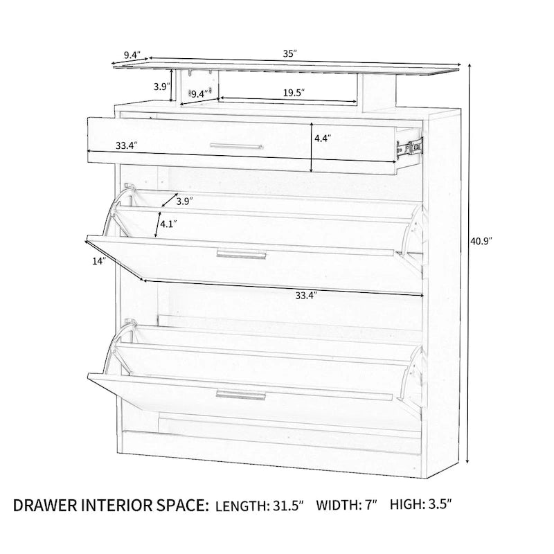 Gabinete para guardar zapatos con cubierta de vidrio templado y cajones abatibles
