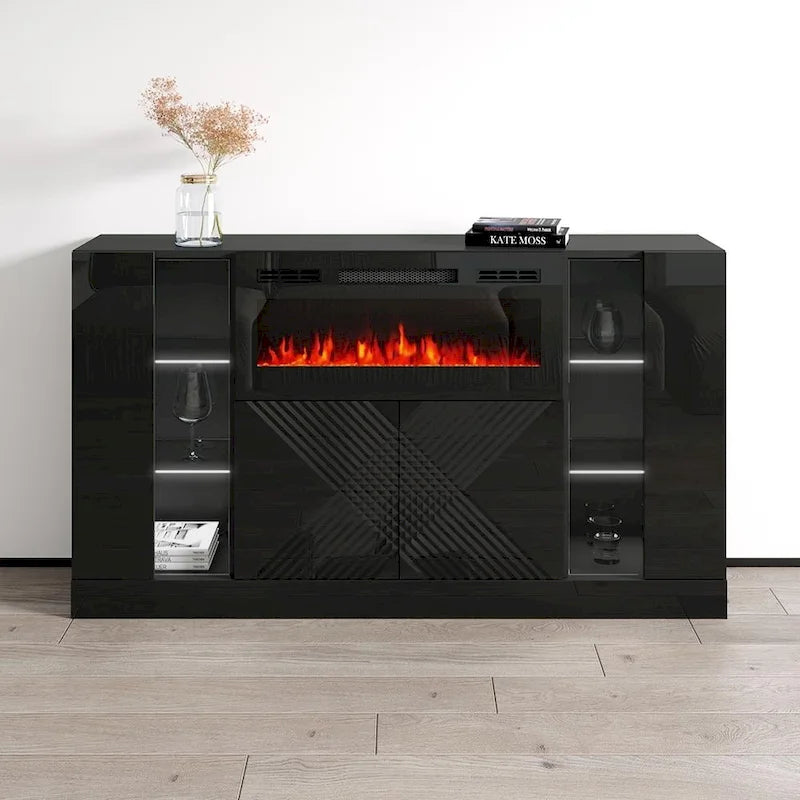 Aparador moderno con chimenea eléctrica y frentes de alto brillo