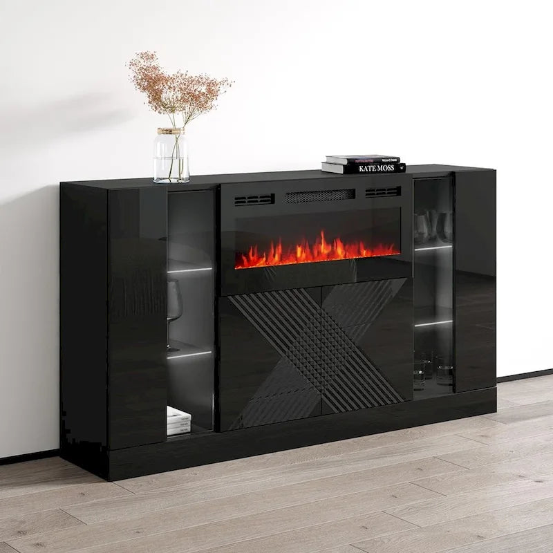 Aparador moderno con chimenea eléctrica y frentes de alto brillo