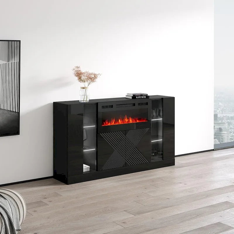 Credenza moderna con camino elettrico e frontali lucidi