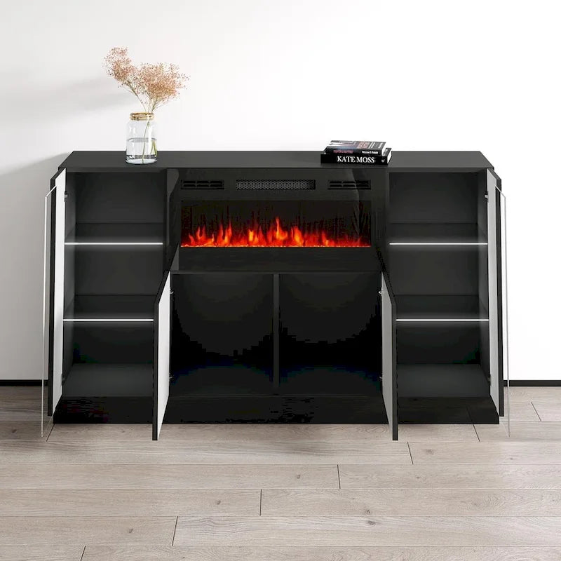 Aparador moderno con chimenea eléctrica y frentes de alto brillo