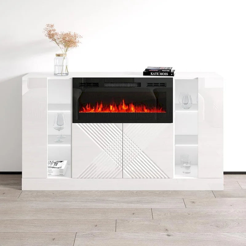 Credenza moderna con camino elettrico e frontali lucidi