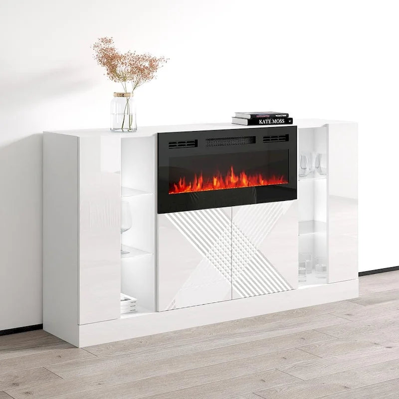 Credenza moderna con camino elettrico e frontali lucidi