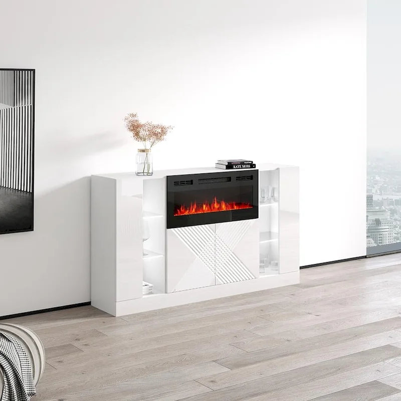 Credenza moderna con camino elettrico e frontali lucidi