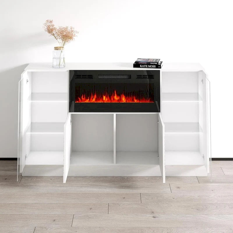 Credenza moderna con camino elettrico e frontali lucidi