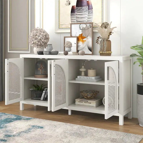 Rattan-Sideboard mit 4 Türen und verstellbarem Regalboden