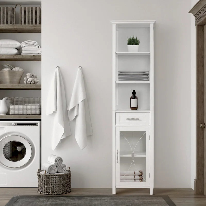 Armario blanco de madera para ropa de cama con cajón y estantes ajustables