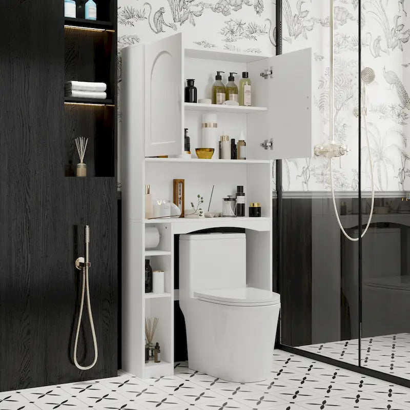 Weißer Badezimmer-Aufbewahrungsschrank über der Toilette