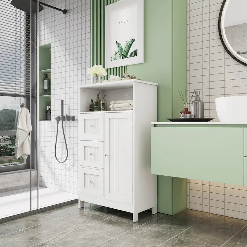 Armario blanco de almacenamiento para baño con 3 cajones y compartimento