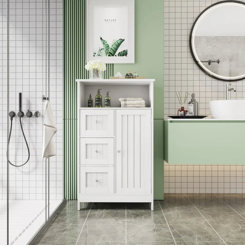 Armario blanco de almacenamiento para baño con 3 cajones y compartimento