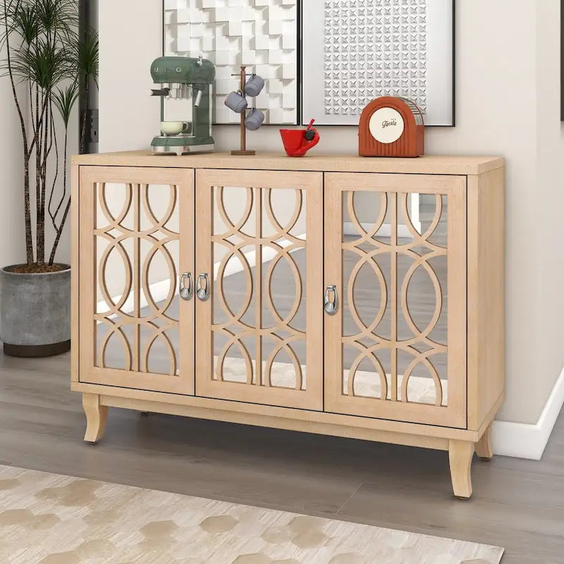 Sideboard with Glass Doors, 3 Door Mirrored Buffet Cabinet with Silver Handle - N/A