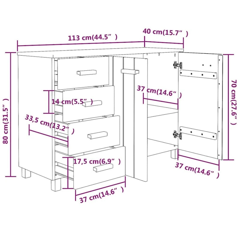 Aparador de madera maciza de pino con 2 puertas y 4 cajones