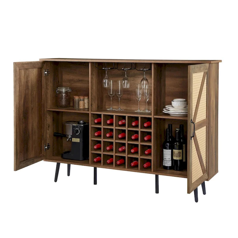 Armario rústico para almacenar vino con soportes para copas y estantes ajustables