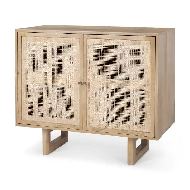 Mobiletto decorativo in legno massello di mango marrone chiaro con ante in canna