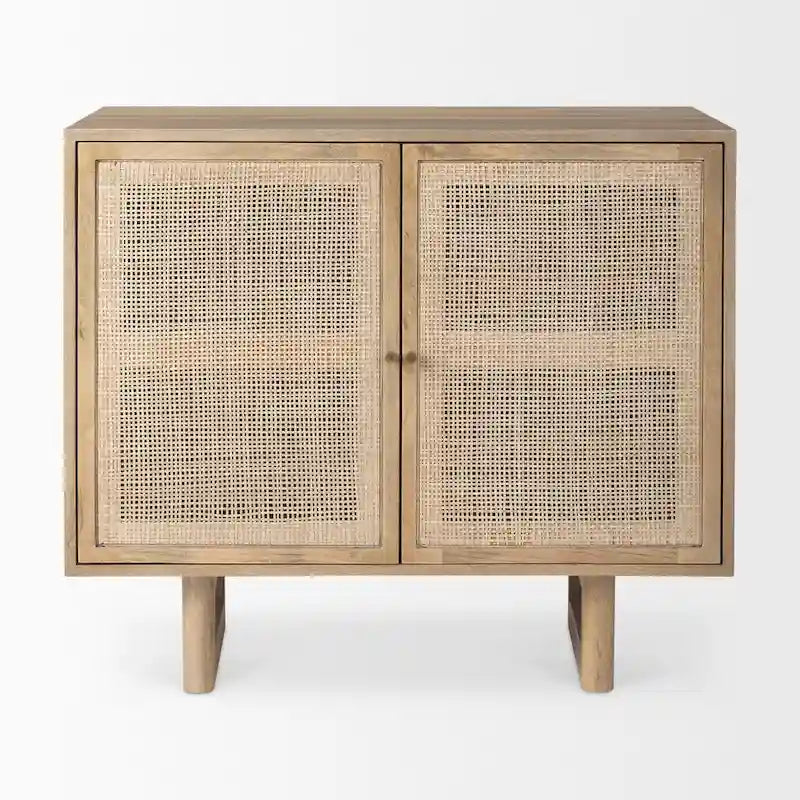 Mobiletto decorativo in legno massello di mango marrone chiaro con ante in canna