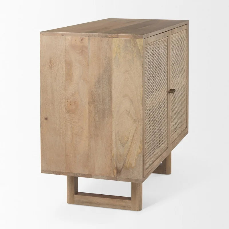 Mobiletto decorativo in legno massello di mango marrone chiaro con ante in canna