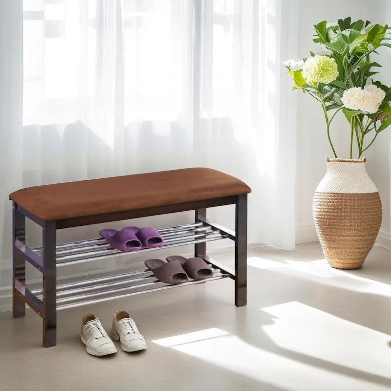Banco zapatero de madera color espresso con asiento de microfibra color chocolate