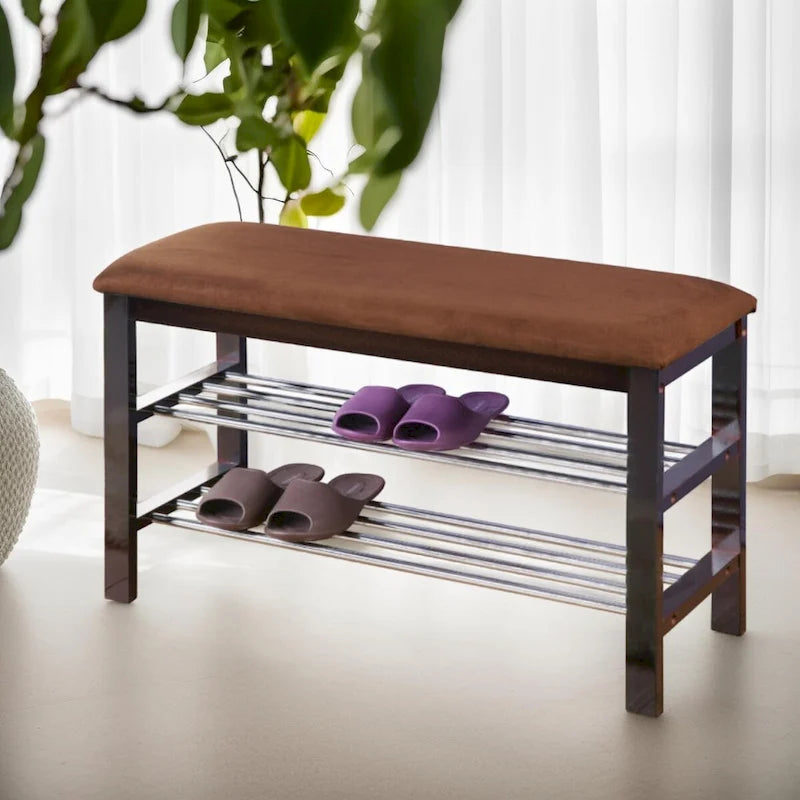 Banco zapatero de madera color espresso con asiento de microfibra color chocolate