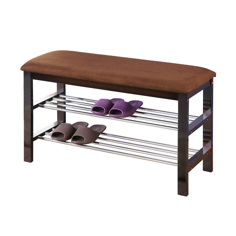 Banco zapatero de madera color espresso con asiento de microfibra color chocolate