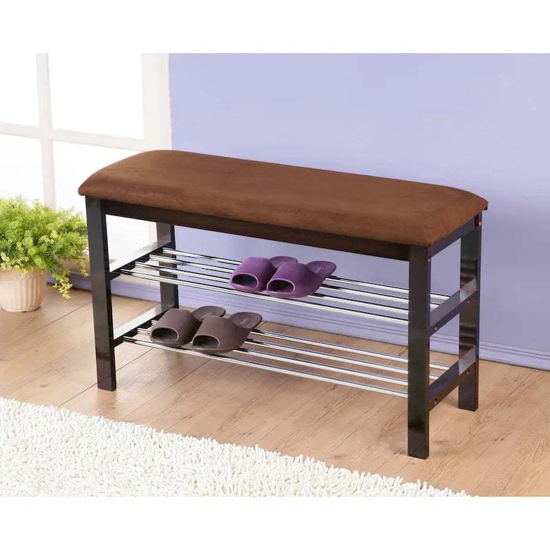 Banco zapatero de madera color espresso con asiento de microfibra color chocolate
