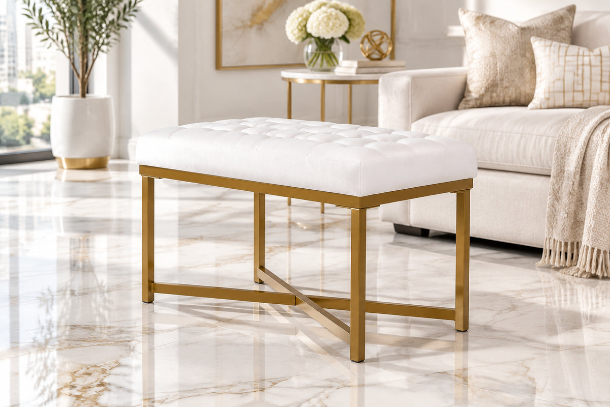 Metal Framed Bench with Button Tufted Velvet Upholstered Seat, White and Gold