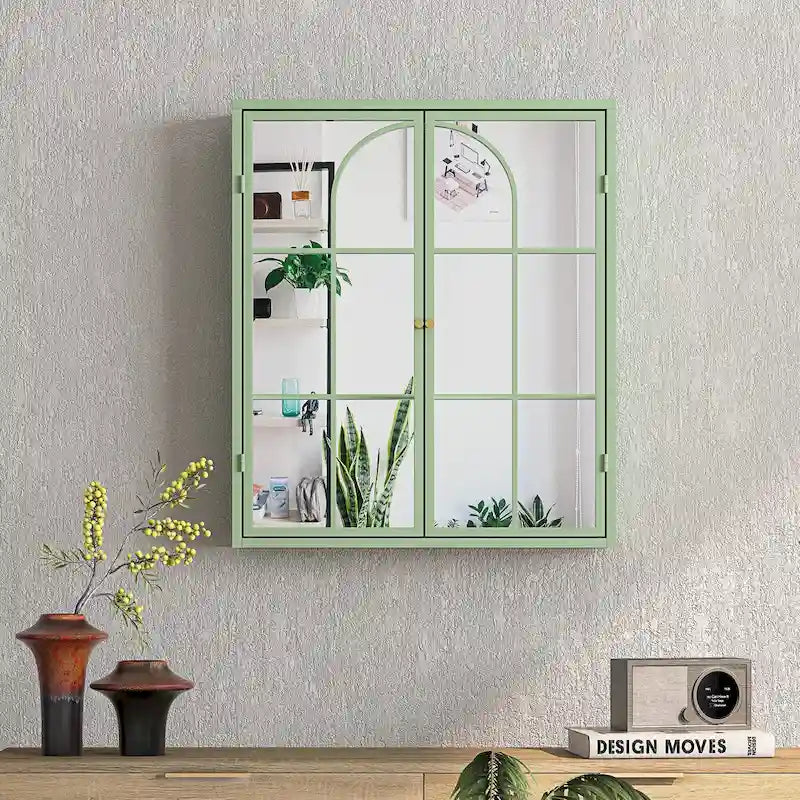 Armario de pared vintage verde con espejo, dos puertas y almacenamiento de tres niveles
