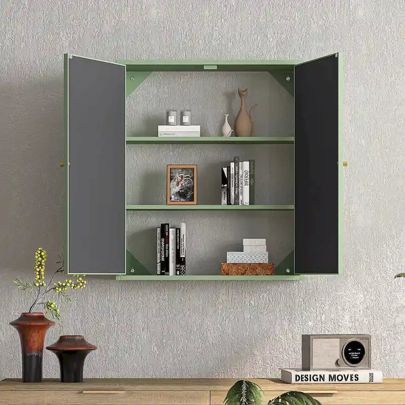 Armario de pared vintage verde con espejo, dos puertas y almacenamiento de tres niveles
