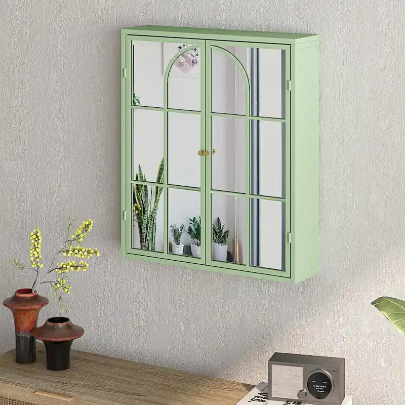 Armario de pared vintage verde con espejo, dos puertas y almacenamiento de tres niveles