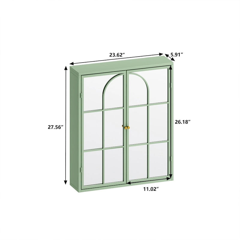 Armario de pared vintage verde con espejo, dos puertas y almacenamiento de tres niveles