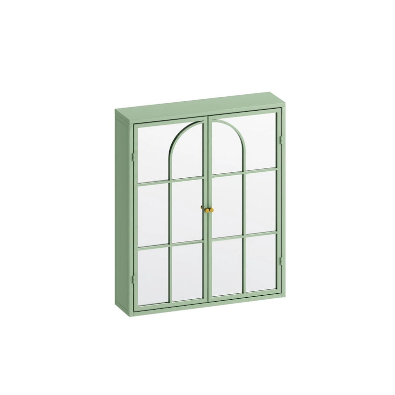 Armario de pared vintage verde con espejo, dos puertas y almacenamiento de tres niveles