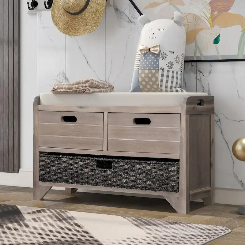 Banco de almacenamiento de madera con 2 cajones, cesta extraíble y cojín