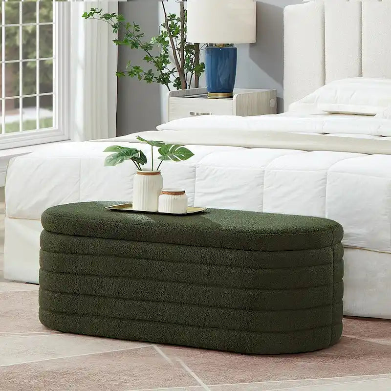 Modern Oval Storage Ottoman Bench,Boucle Teddy Fabric End of Bed Bench with Storage,End of Bed Stool with Safety Hinge