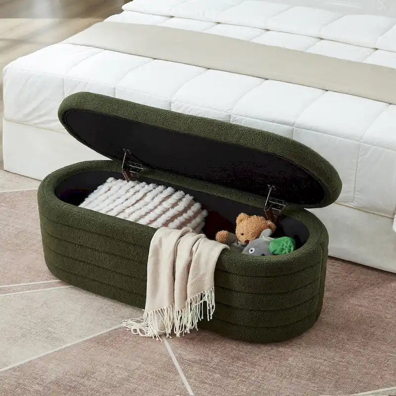 Moderne ovale opbergbank met zachte, gestructureerde bekleding