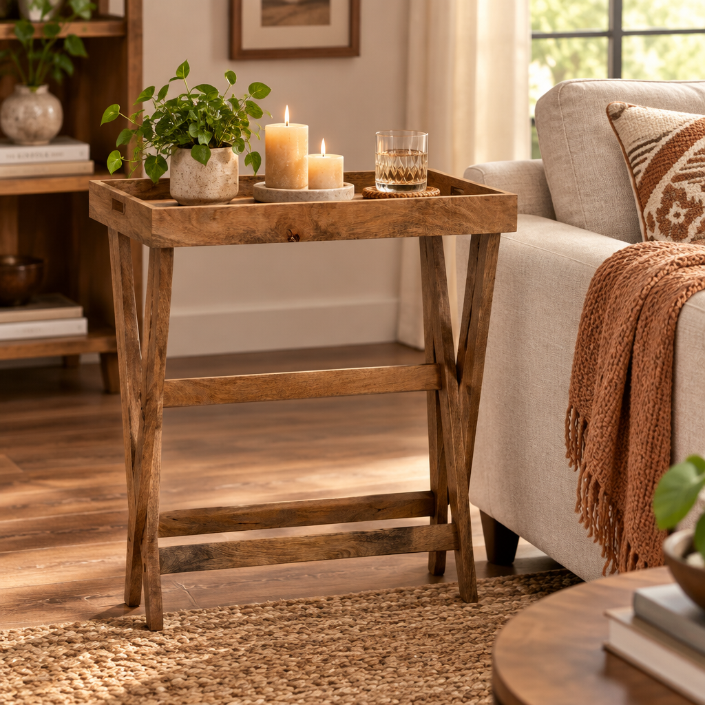 Vassoio da maggiordomo in legno di mango marrone con supporto - 30 x 15 x 32