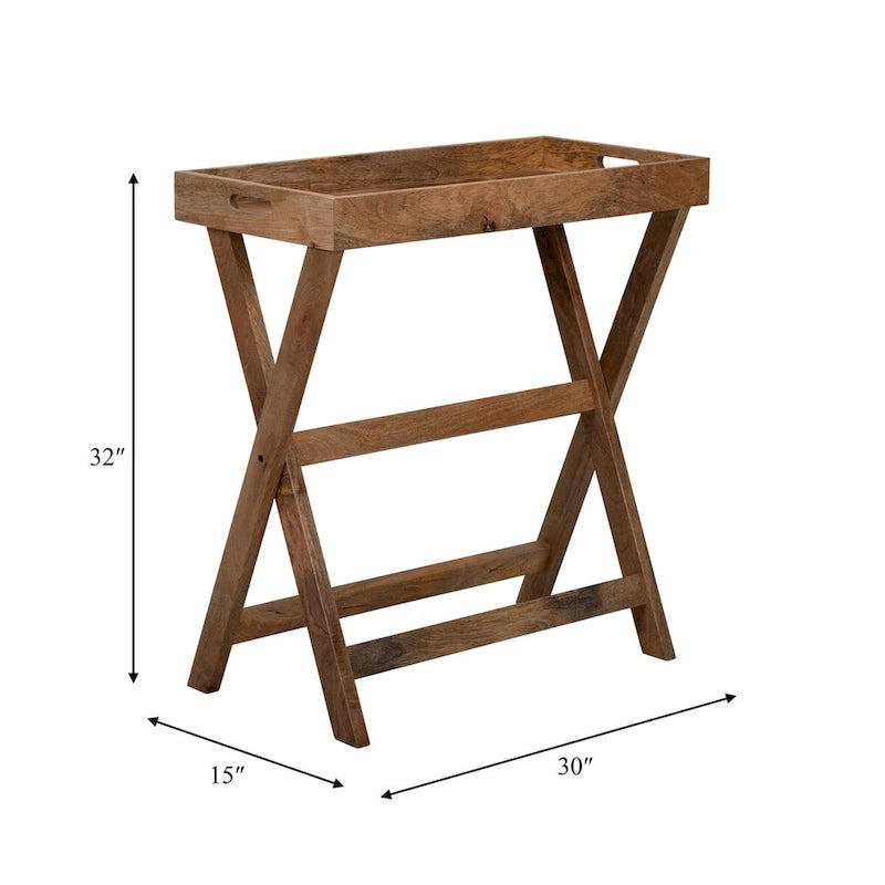 Vassoio da maggiordomo in legno di mango marrone con supporto - 30 x 15 x 32