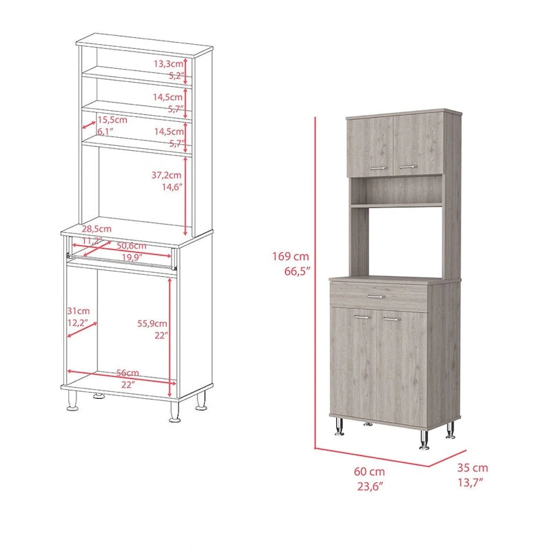 Gabinete despensa de cocina gris claro con puertas dobles y cajón