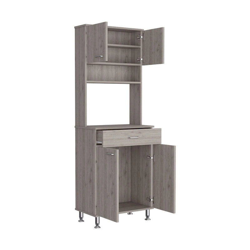 Gabinete despensa de cocina gris claro con puertas dobles y cajón
