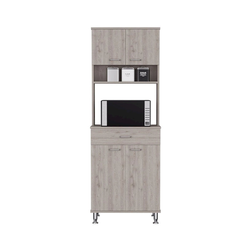 Gabinete despensa de cocina gris claro con puertas dobles y cajón