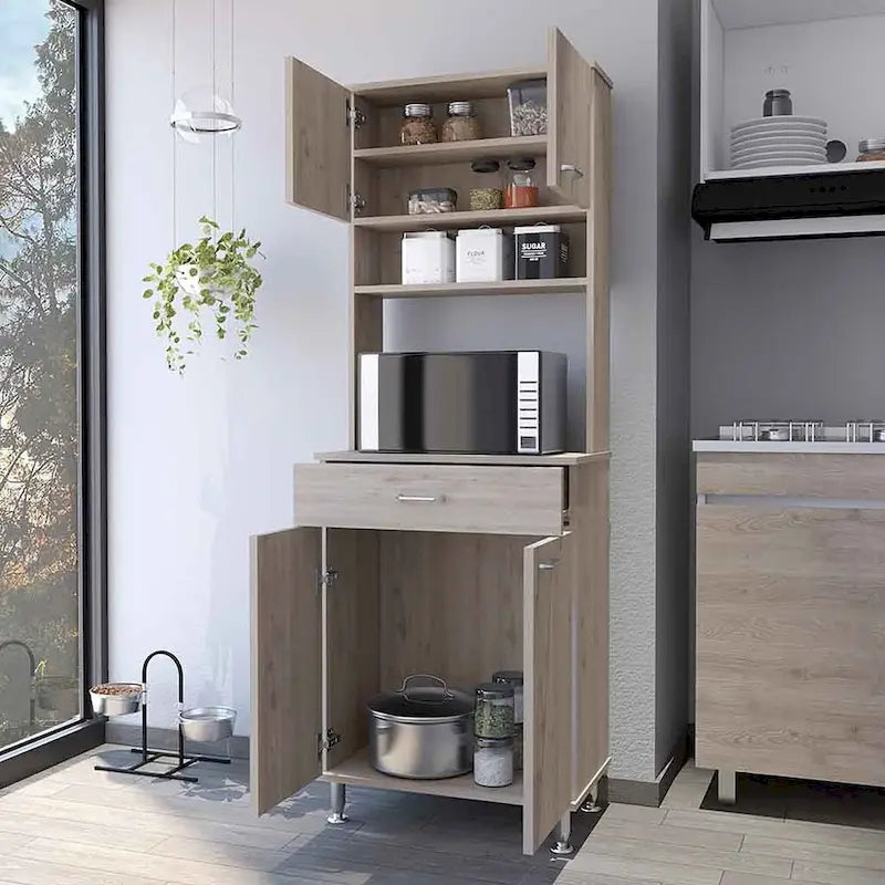 Gabinete despensa de cocina gris claro con puertas dobles y cajón
