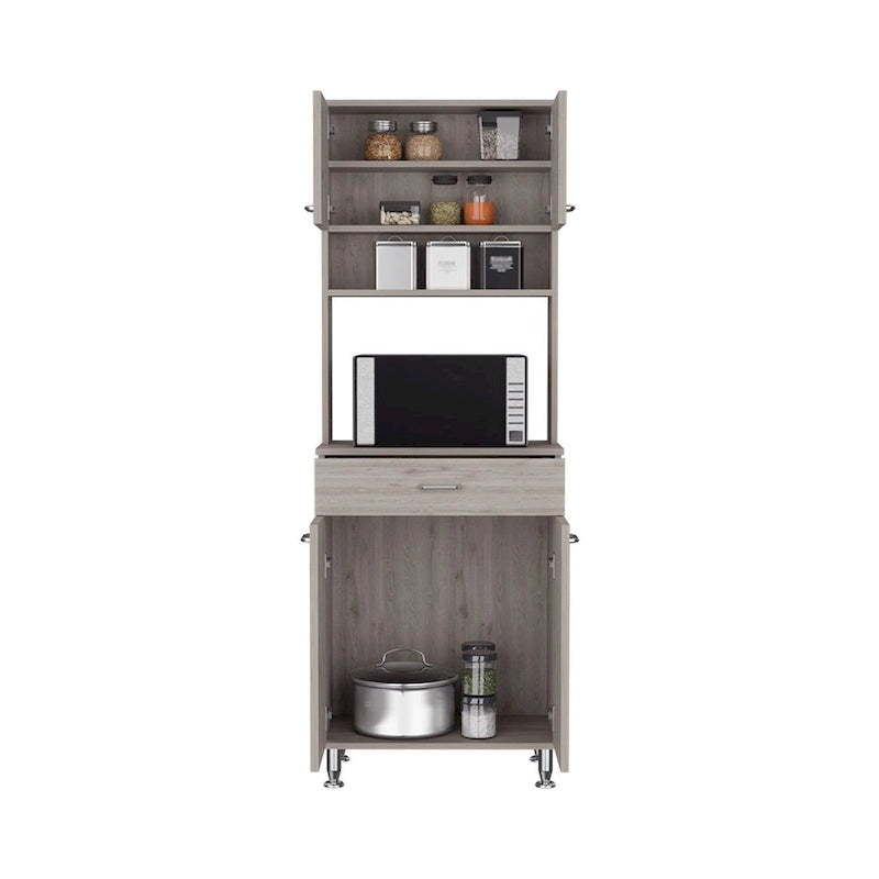 Gabinete despensa de cocina gris claro con puertas dobles y cajón
