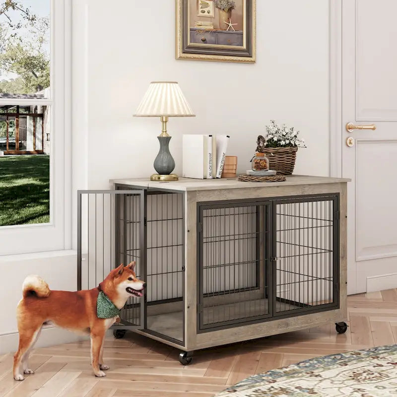 Mesa auxiliar gris estilo mueble con jaula para perros, ruedas y cubierta elevable