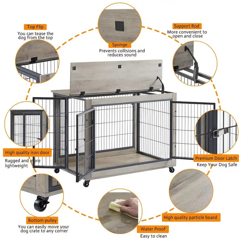 Mesa auxiliar gris estilo mueble con jaula para perros, ruedas y cubierta elevable