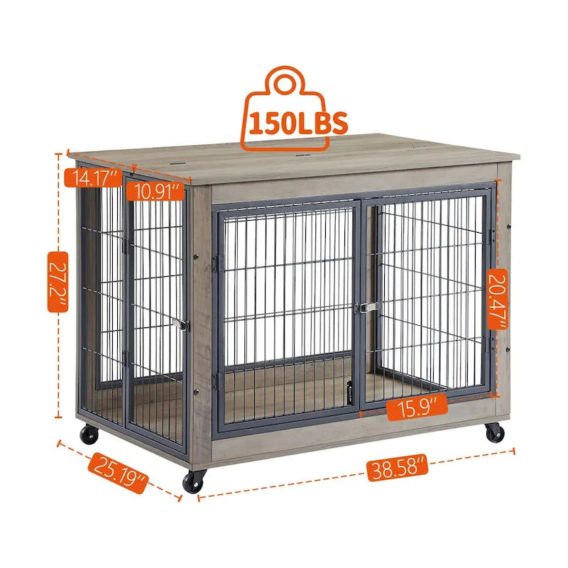Graue Hundebox im Möbelstil mit Rollen und hochklappbarer Oberseite