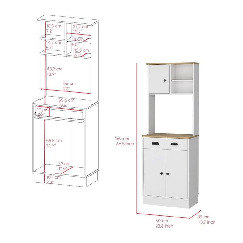 Soporte para microondas con 3 puertas y cajón, acabado blanco / macadamia